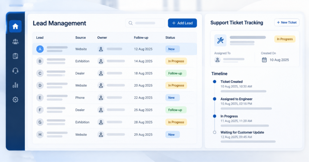 CRM dashboard showing structured lead and ticket ownership for SME sales teams