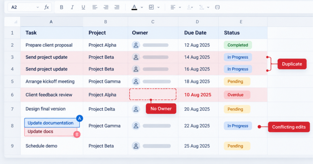Project management system Shared task list spreadsheet showing duplicated and unowned tasks