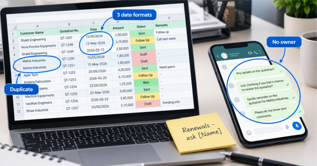 Excel quotation tracker next to unanswered WhatsApp follow-ups in a sales team