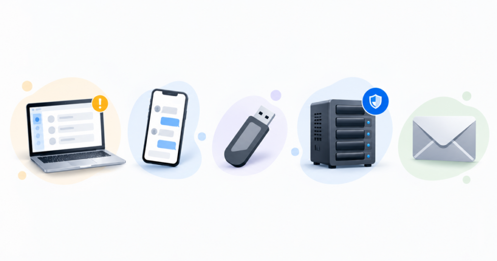 Customer data scattered across a laptop, phone, pen drive and office server