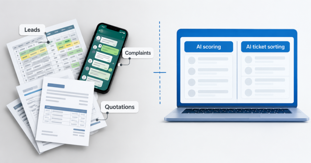 Scattered Excel sheets and WhatsApp groups beside an empty AI dashboard on a manager's desk